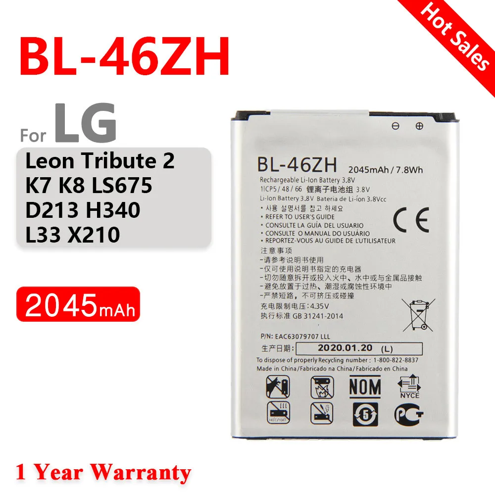 

100% Original 2045mAh BL-46ZH Battery For Lg K7 K8 Tribute 5 AS330 K332 K350N K371 K373 K8V K89 LS675 LS Phone Battery