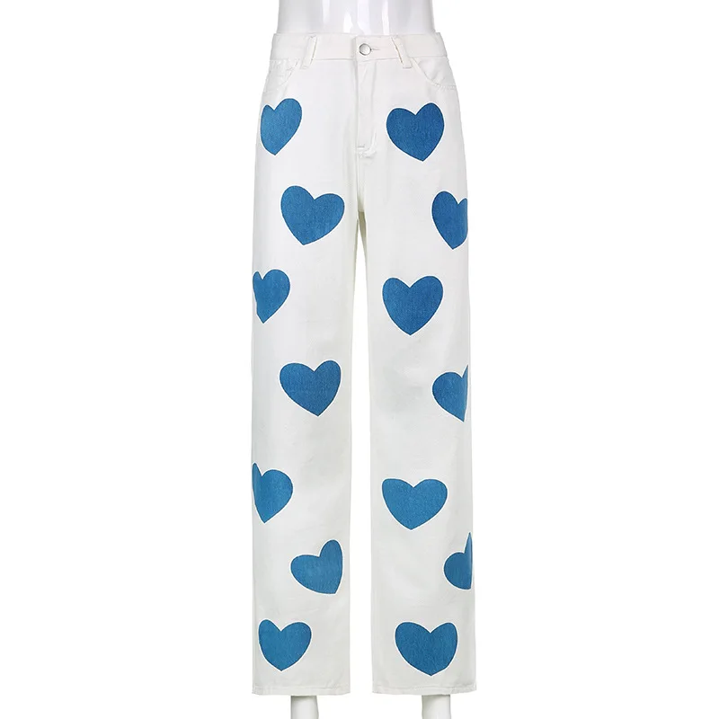 Harajuku Heart Print White Casual Jeans Women Hip Hop High Waist Denim Pants Capris Skinny Straight Trousers 2023 Streetwear New