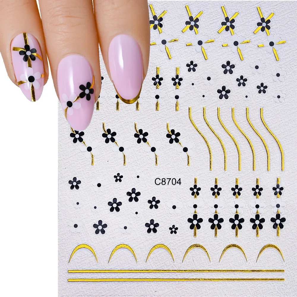 3D милые розовые синие мини-наклейки для ногтей с цветком 1/4 шт. золотая линия