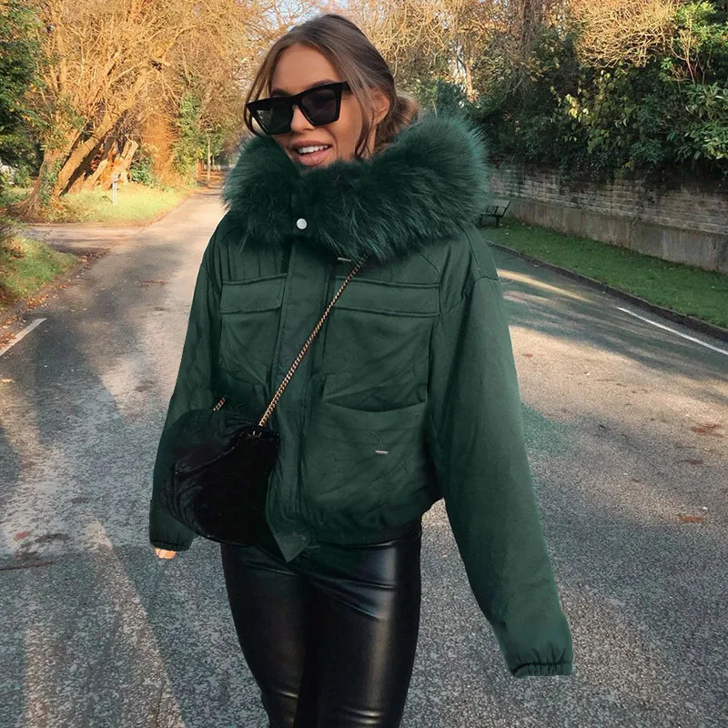 New 2021 Winter Women's Hooded Fur Collar Jacket Drawstring Casual Fashion Stand-up Collar Long-sleeved Warm Cotton Jacket Women