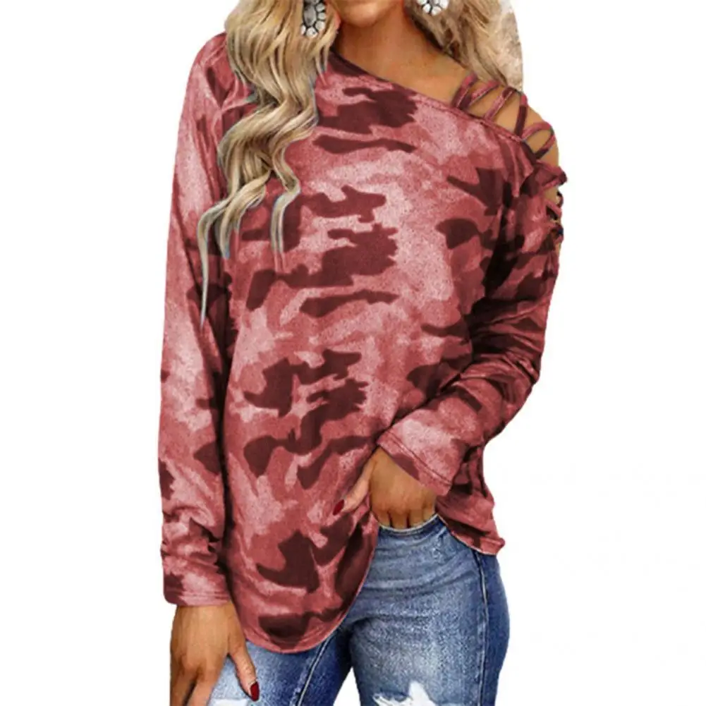 

All-matched Fashion Camouflage Printed Slash Neck Top Soft Texture Women Blouse Oversized for Bar