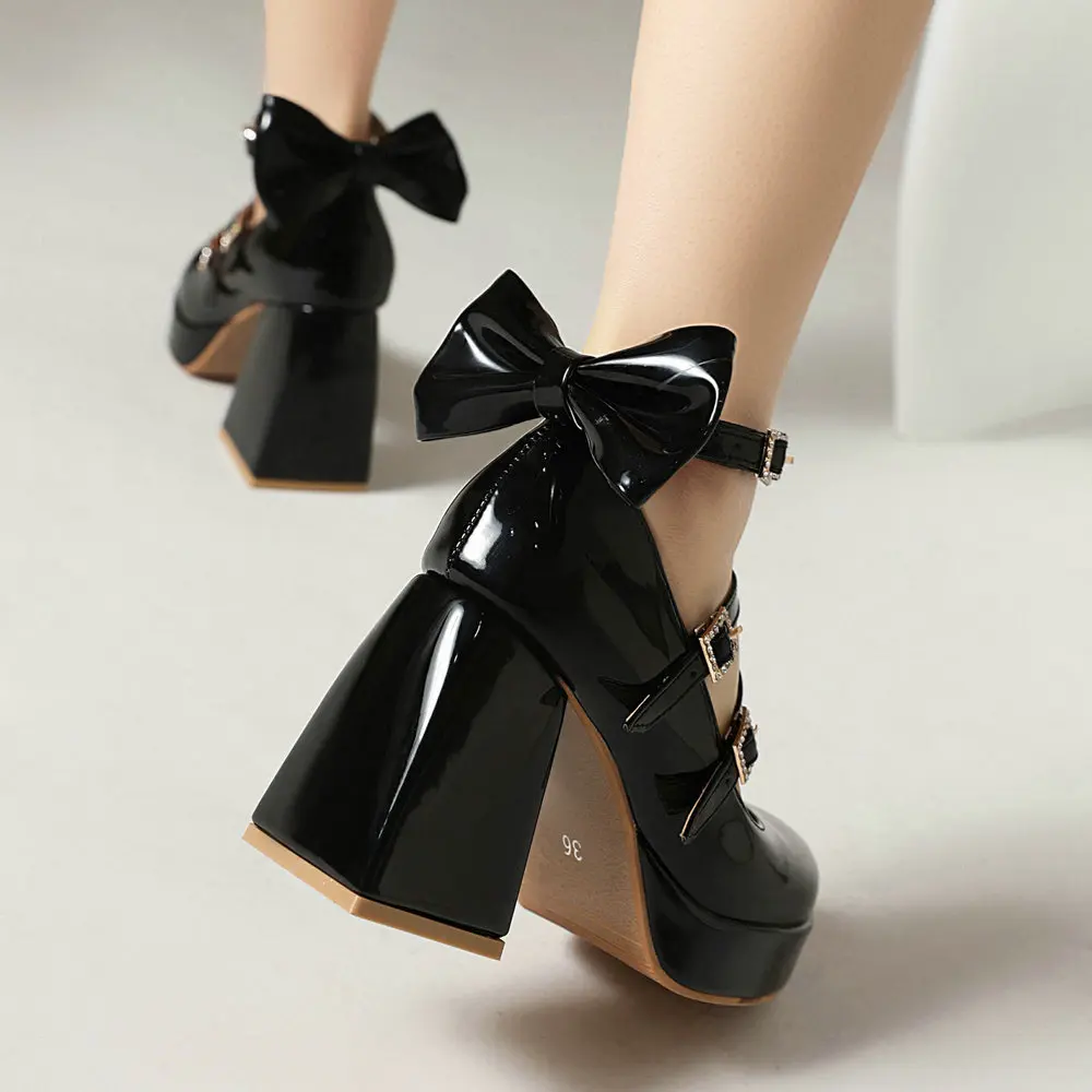 Women's Kawaii Platform Ankle Strap Chunky Heel Mary Jane Pumps Cute Closed Toe Goth Double Buckle Strappy Bow Party Dress Shoes