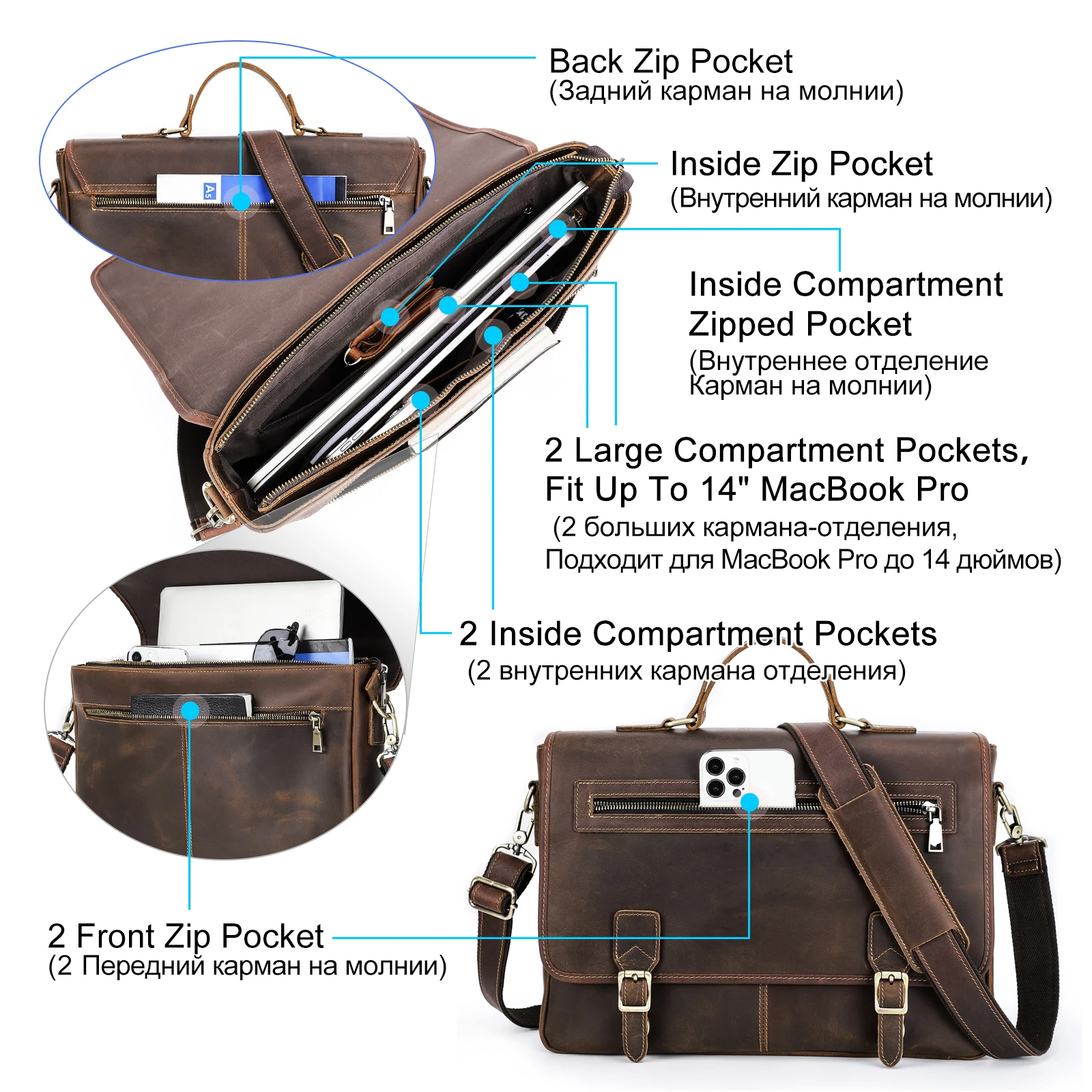 Vintage Genuine Crazy Horse Leather Briefcase Crossbody Messenger Bag for Men 14