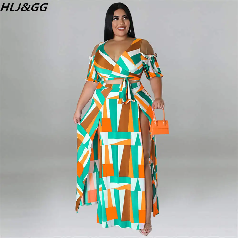 HLJ&GG Fashion Geometric Print Two Piece Sets Women Deep V Off Shoulder Crop Top+Long Skirts Outfits Plus Size Female 2pcs Suits