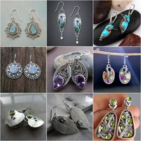new vintage moonstone earrings retro silver color flower birds moon stone hook dangle earring for women trendy 2021