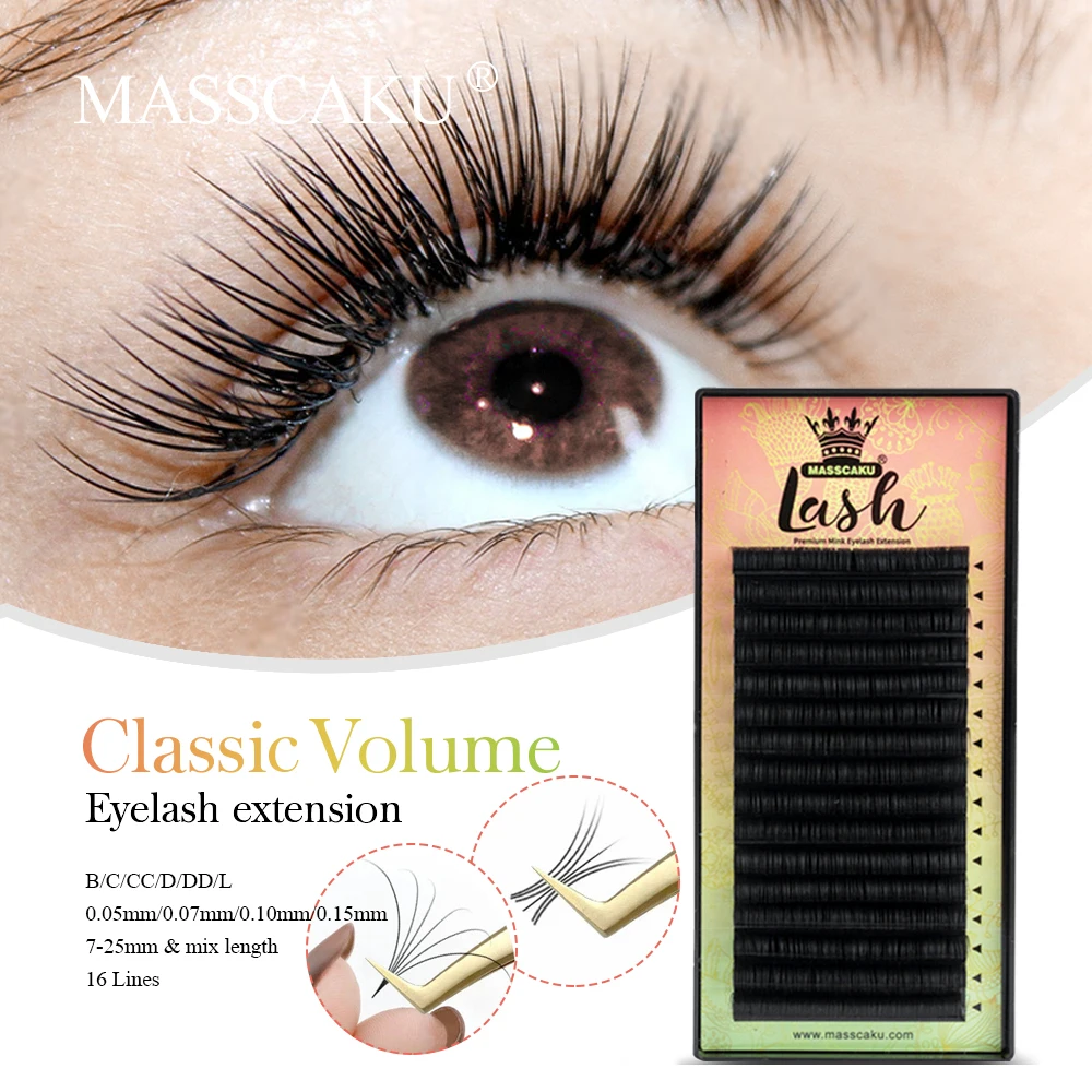 

MASSCAKU 16Rows Faux Mink Individual Lashes Dark Black Matte Professionals Soft Natural Classical Eyelashes Extensions