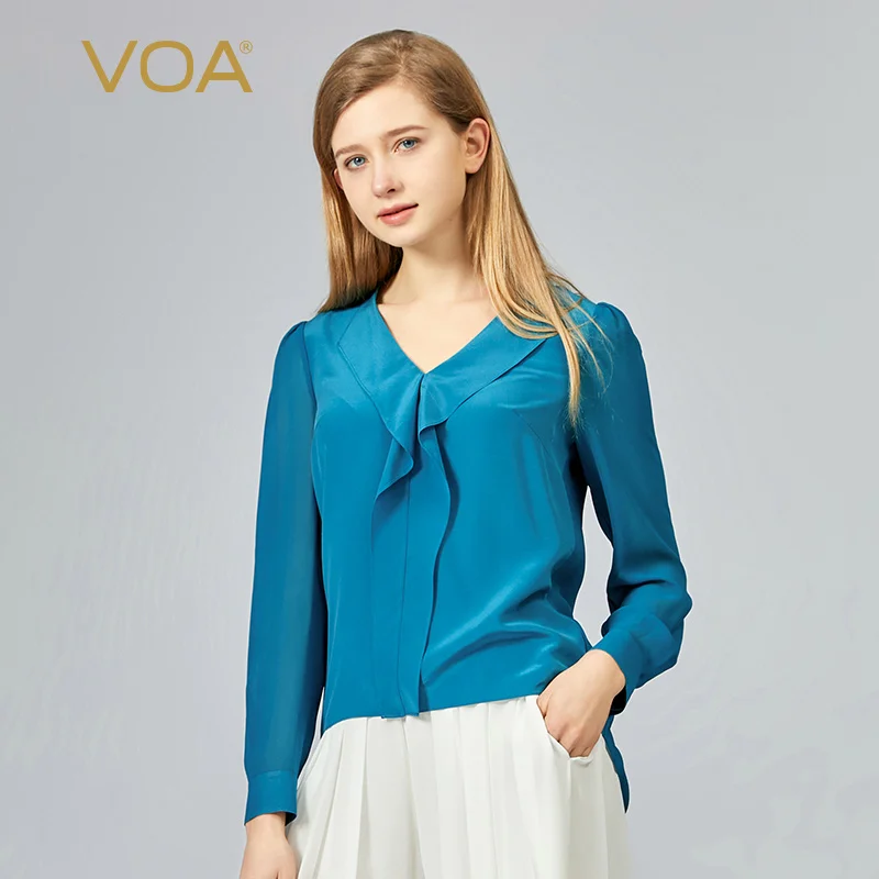 

Женские шелковые футболки VOA Crepe De Chine, синие футболки с v-образным вырезом и длинными рукавами, Весенняя футболка с короткими рукавами и длин...