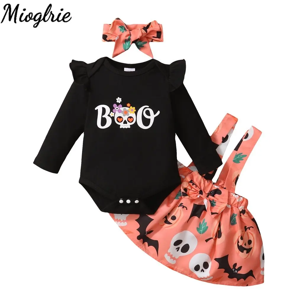 

Костюмы на Хэллоуин для новорожденных девочек, комплект одежды из 3 предметов, боди с длинным рукавом и принтом, милая праздничная одежда дл...