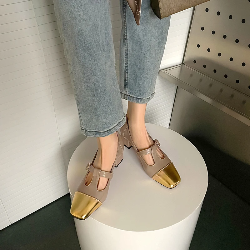 New Sheepskin Women's Shoes Square Headed Mid Heel Spliced Thin Strap Buckle Thick Heel Women's Shoes