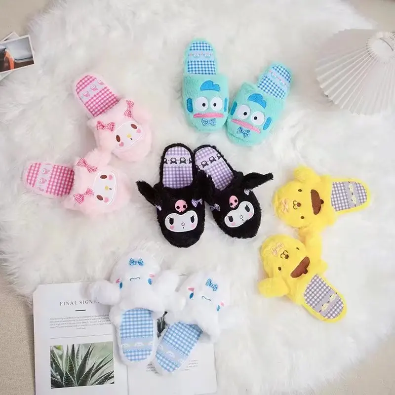 

Sanrio Pom Pom Purin My Melody Cinnamoroll Kuromi Kt Pochacco Cute Cartoon Winter Plush Home Floor Shoes Cotton Slippers Gift
