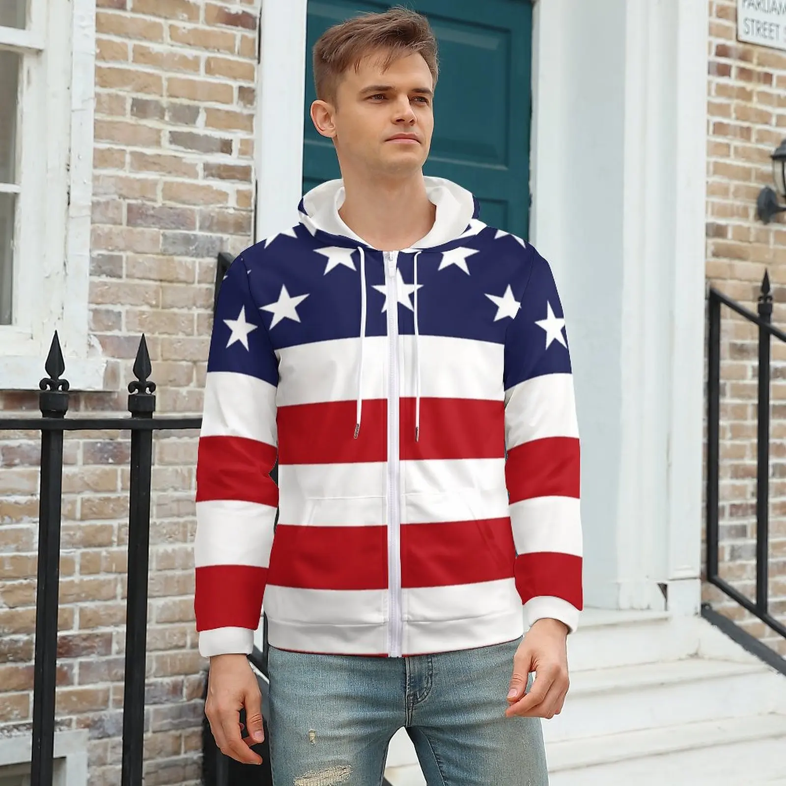 

White And Red Stripes Hoodie American Flag Autumn Hoodies Loose For Men Zip Up Hoodie For Men Oversize