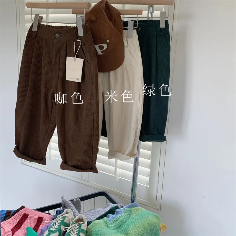 Spring Autumn Kids solid color corduroy casual pants Unisex Children soft loose all-match trousers