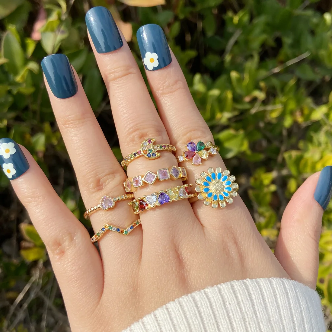 

Women's Adjustable Size Gold Fairy Daisy Flower Geometric Heart Moon Colorful Zircon Rings Cute Trendy Daily Stylish Party Ring