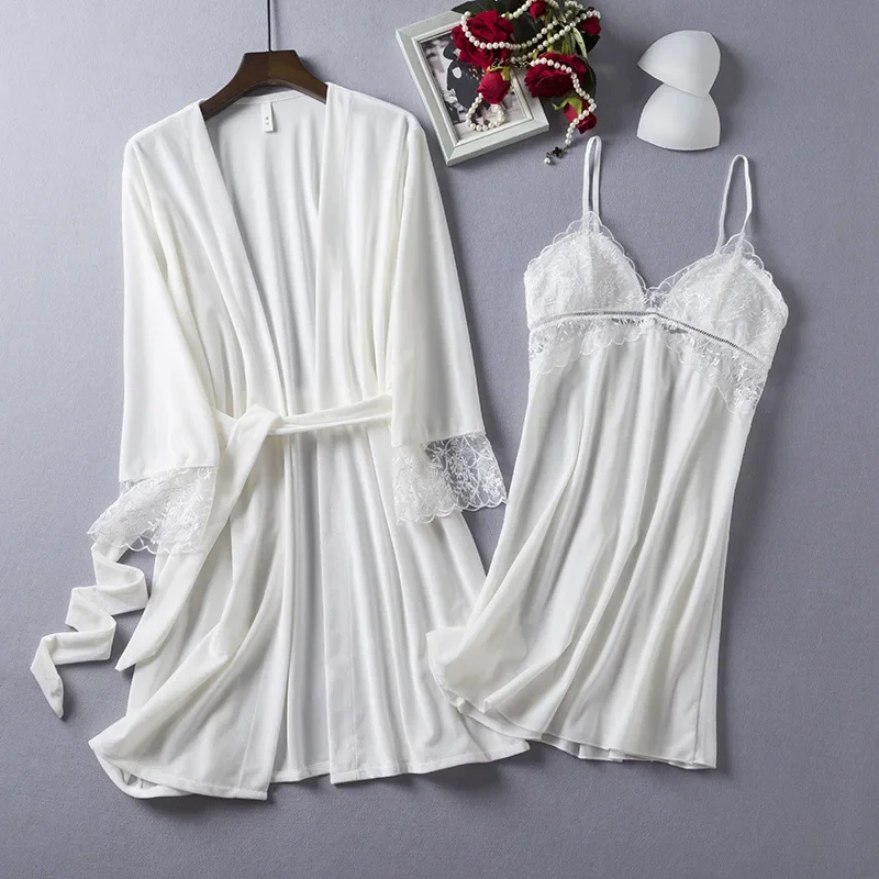 Комплект из кружевного халата и рубашки женская одежда для сна ночная рубашка
