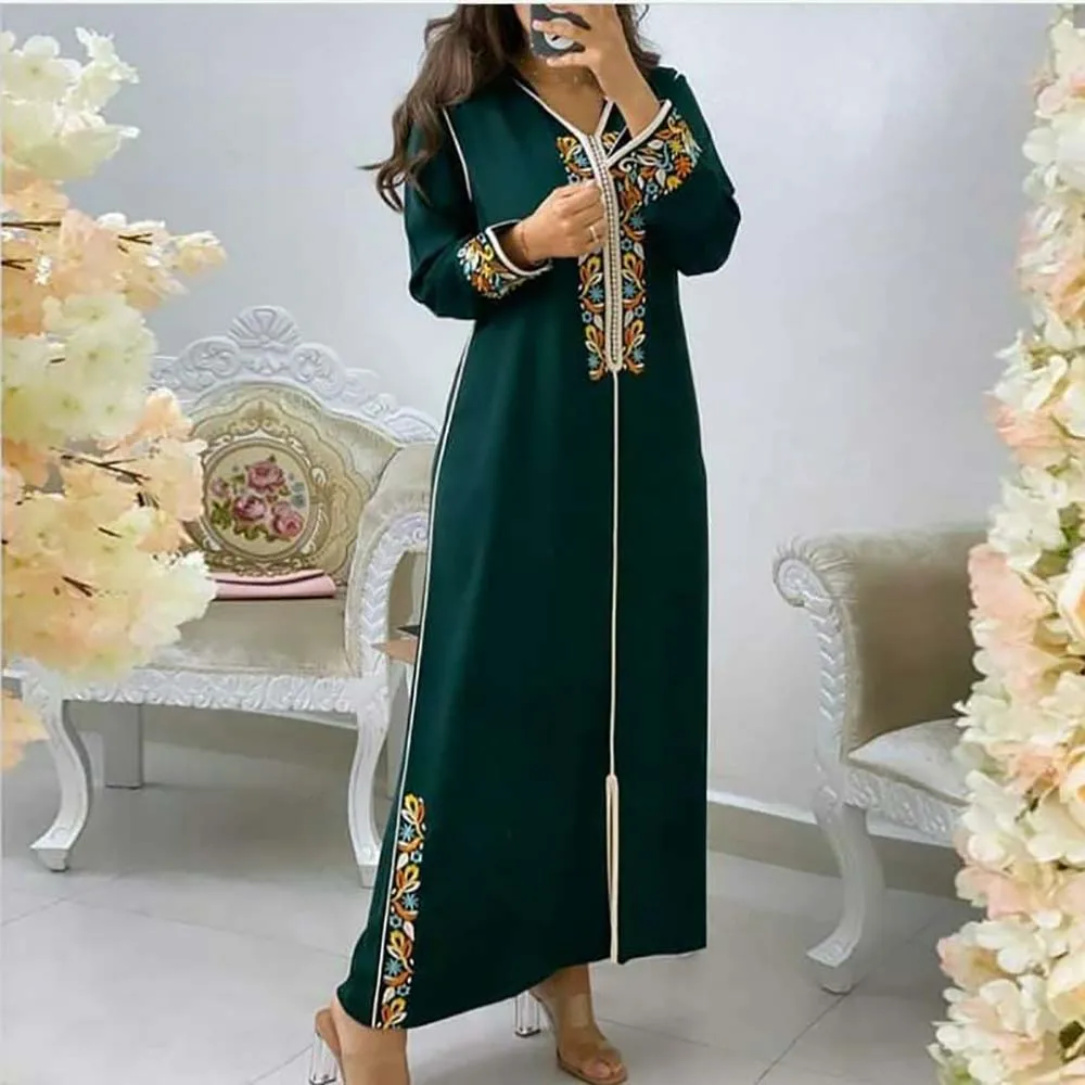 

Kaftan Dresses Women Green Dubai Abaya Embroidery Elegant Long Sleeve Robes Muslim Islam Turkey Jellaba Moroccan Long Dress 2022
