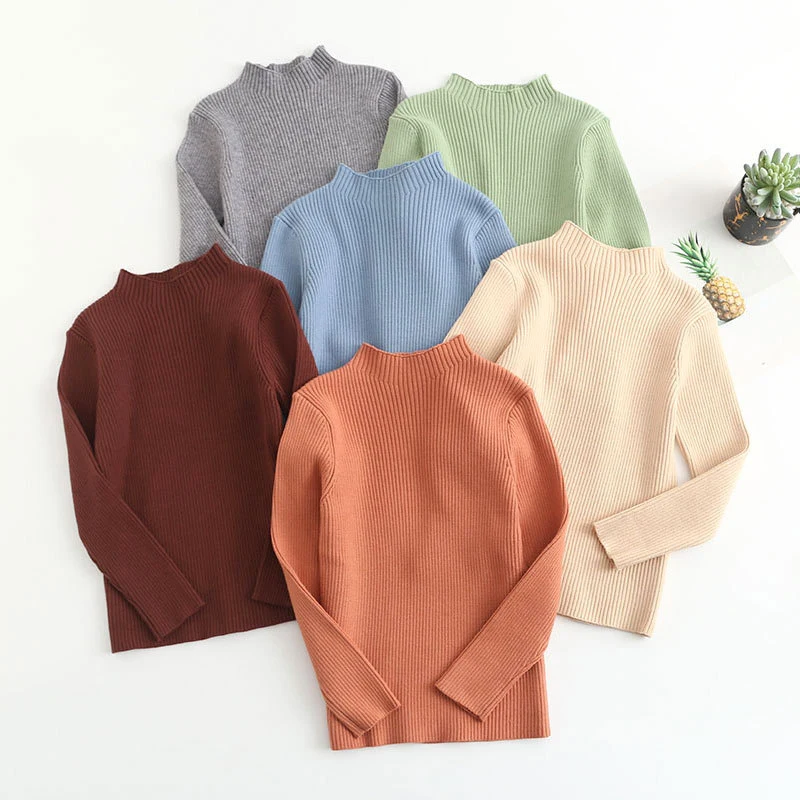 

Осенне-весенняя трикотажная одежда для маленьких девочек и мальчиков, однотонная трикотажная рубашка с высоким воротником, Детский Повседневный пуловер, свитер