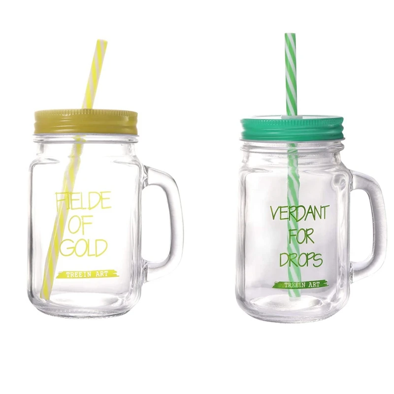 

2Pcs 450ML Old Fashioned Drinking Glass Set Smoothie Cups Mason Drinking Jar Mugs with Handle and Straws,Yellow & Green