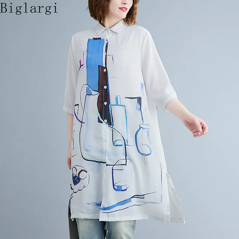 

Oversized Print Shirt Dresses Womens Summer Big Size Women Loose Ladies Print Flower Fashion Cotton Cardigans Long Shirt Dress
