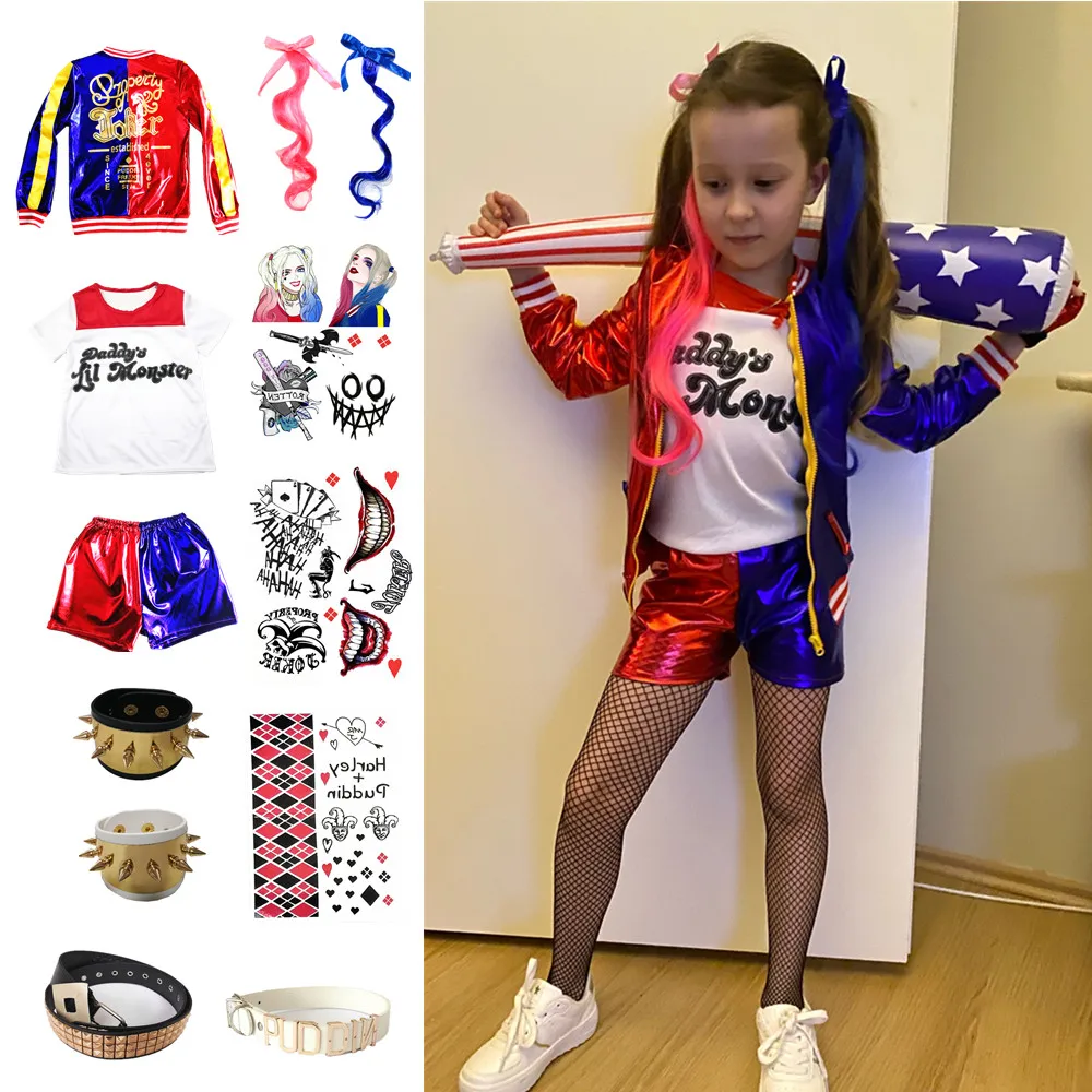Carnival Harley Kids Girls Cosplay Costumes Quinn Monster Jacket Pants T-Shirt Sets Party Clothes