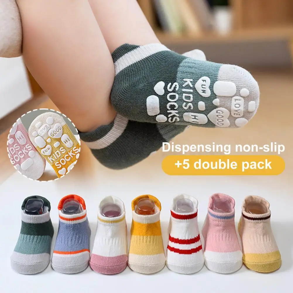 

5 Pairs Cotton Children's Anti-slip Boat Socks Boys Girl Low Cut Floor Kid Sock with Rubber Grips 1-5Years