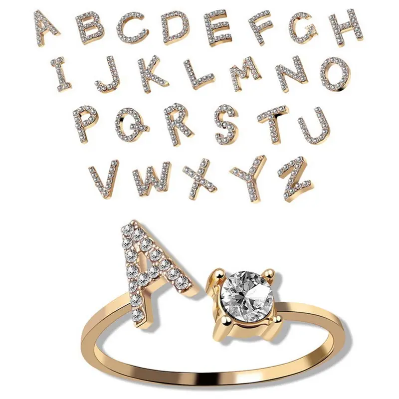 

A-Z Initial Letter Adjustable Rings for Women Clear Crystal Women's Finger Ring Simple Design Golden Party Jewelry Gifts