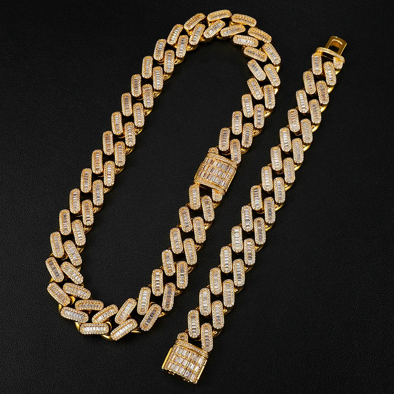 

Men Hip Hop Chain Necklace 19mm Width Baguette Stone Cuban Chains Iced Out Bling Necklace HipHop Jewelry For Party Gift