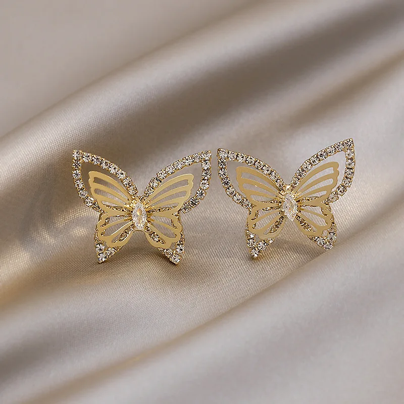 

JP57 S925 silver needle Japanese and Korean style fashion diamond hollow butterfly earrings retro simple personality earrings