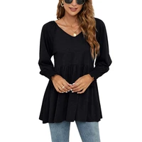 autumn womens casual puff sleeve loose t shirts solid color pleated tunic patchwork blouses tops v neck female pullover clothes