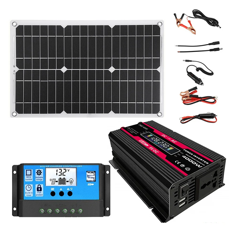 220V Solar Panel System 18V18W Solar Panel+30A Charge Controller+4000W Modified Sine Wave Inverter Power Generation Kit