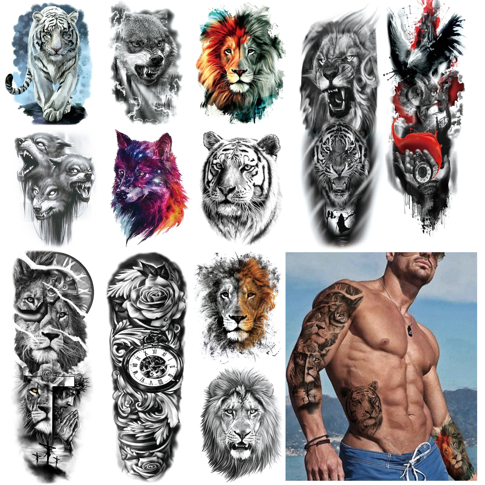 

12 шт., набор для татуировок «Тигр, лев»