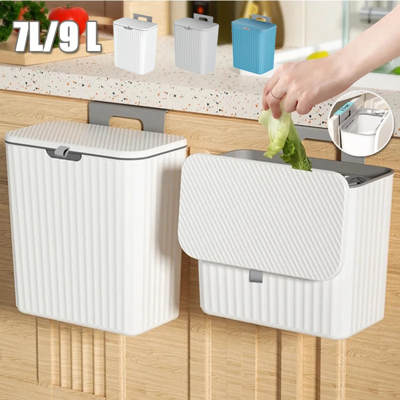 

7/9L Kitchen Trash Can Household Cabinet Door Hanging Sliding Cover Storage Bucket Trash Can Wall-mounted with Lid Trash Can