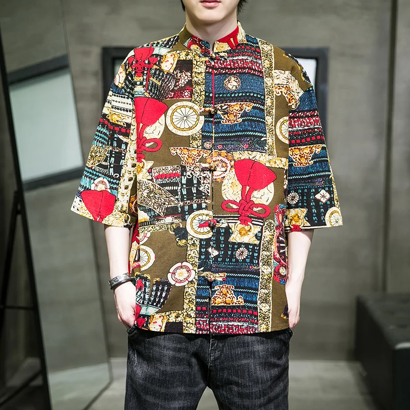 Летний топ с вышивкой и принтом Мужские Винтажные льняные рубашки в традиционном