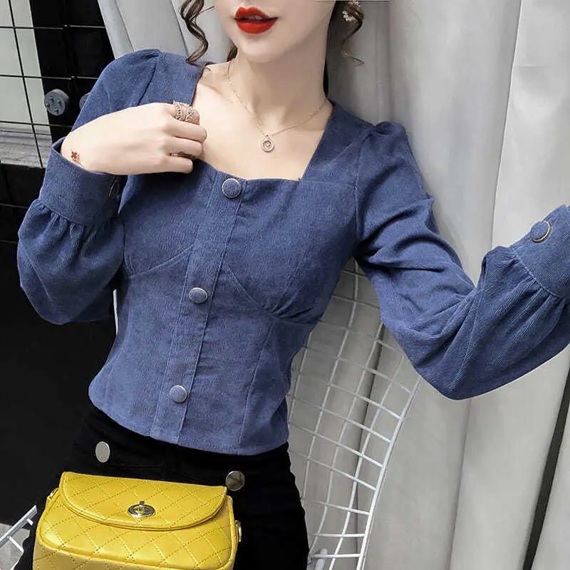 Women Shirt Blouse 'S 2022 Clothing Square Collar Long Sleeve Top Corduroy Blusas Mujer |