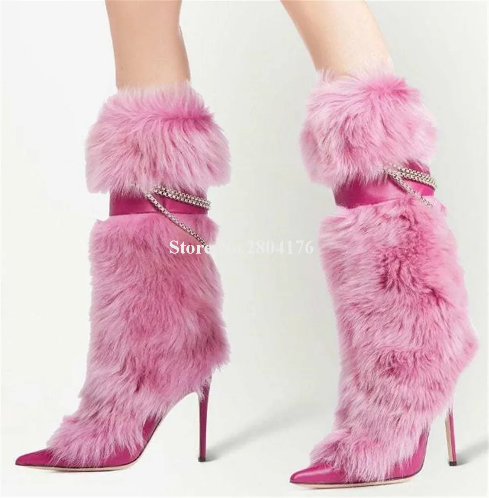 

Newest Fur Decorated Stiletto Heel Mid-calf Boots Pointed Toe Pink Black White Chains Straps Thin Heel Long Warm Boots