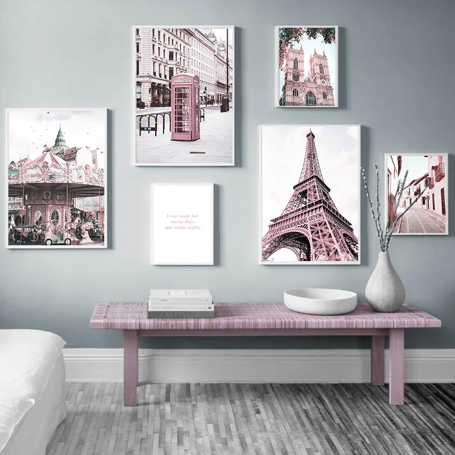 Розовая Парижская телефонная будка автомобили карусель настенная Картина на