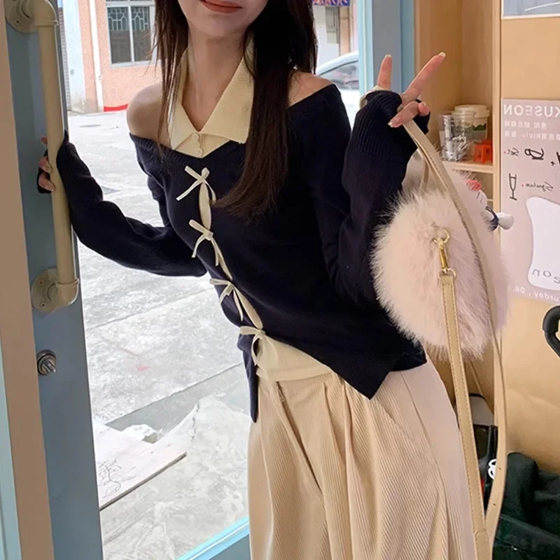 Новинка 2024 женский вязаный топ свитер с открытыми плечами куртка из двух