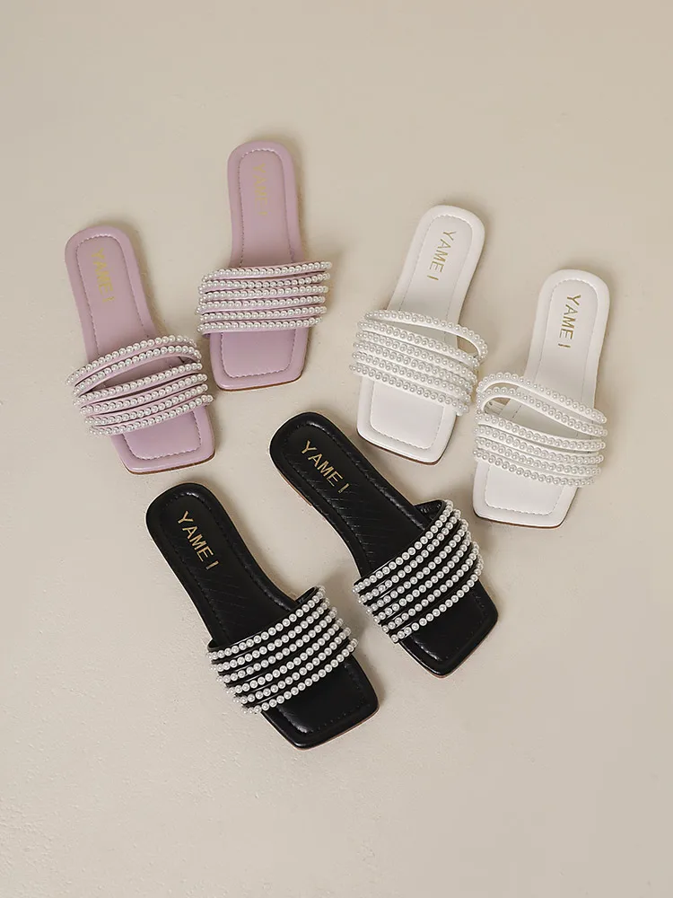 

Low Female Shoes Slippers Flat Slides String Bead 2022 Soft Basic PU Rubber Shoes Low Slippers Soft Slides Slipers Women String