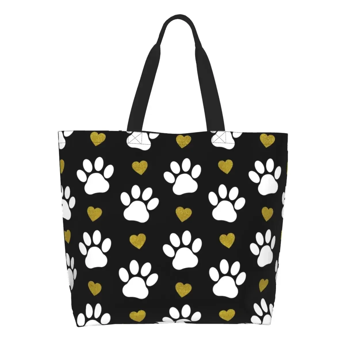 

Cute Trendy Pattern Of Paw Shopping Tote Bag Reusable White Dog Paws Gold Heart Grocery Canvas Shopper Shoulder Bag