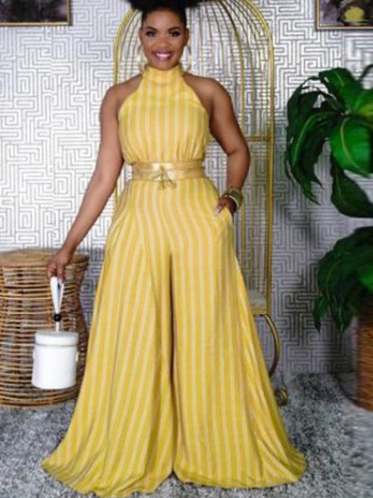 

Women Jumpsuit Sleeveless High Waist Wide Leg Summer Holiday Striped Fashion Female Vacation Female Big Size Playsuits Rompers