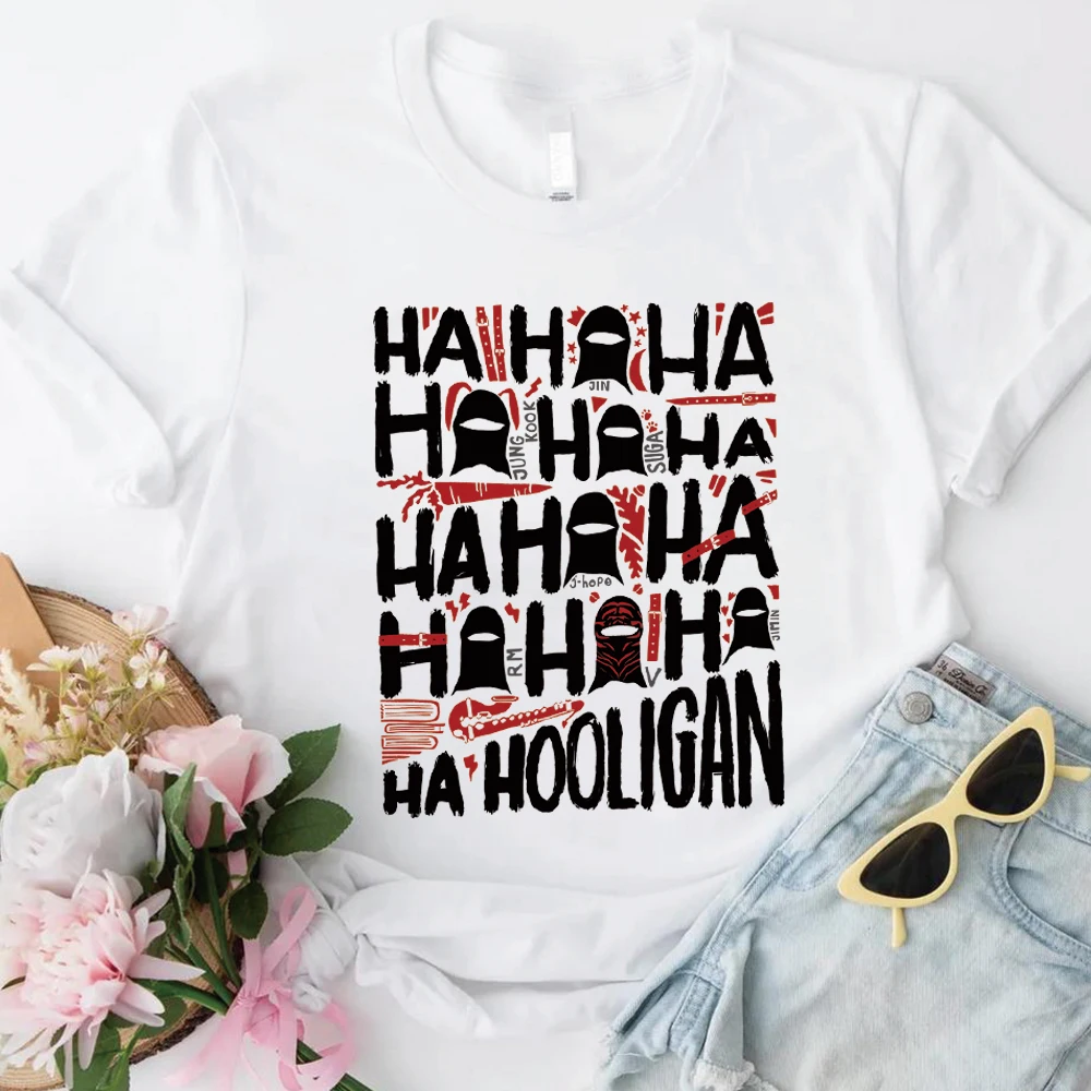 Фото Футболка Hooligan Lyric с забавным принтом K-pop, ретро-футболка с графическим рисунком Ha Ha Ha, концертная футболка в стиле Харадзюку, унисекс, с короткими рукавами, подарки для фанатов №3