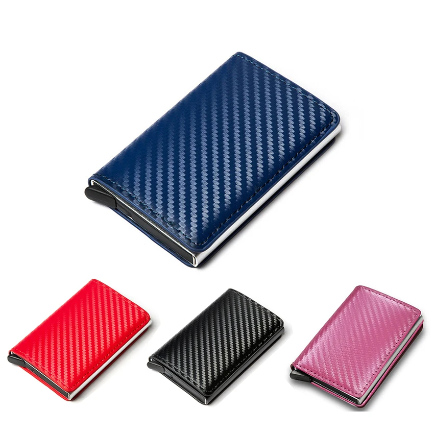 

Credit Card Holder for Men and Women Automatic Metal Box Card Case Vintage PU Leather Carbon Fiber Rfid Card Holder Men Wallet