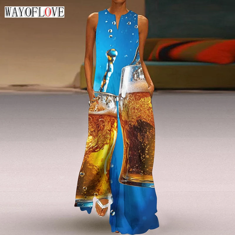 

WAYOFLOVE Ladies Spring Summer Blue Long Dress Sleeveless Loose V-neck Beer Print Beach Dresses Elegant Party Casual Maxi Dress