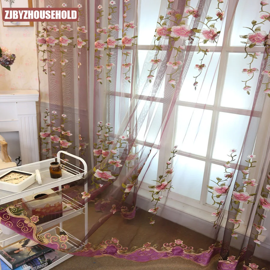 Фиолетовые пионы вышитые флокирующие кружева оконные экраны вуаль европейские