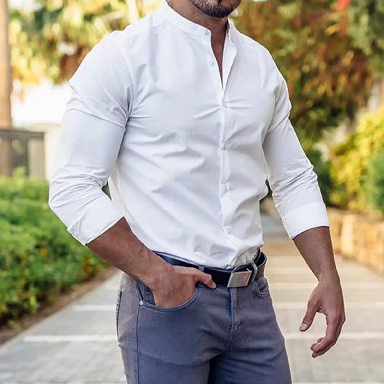 

Men Shirts 2023 Slim Fit O Neck Long Sleeve Casual Button Down Shirt Blend Muscle Solid Micro Elastic Shirt Casual Tops Blouse