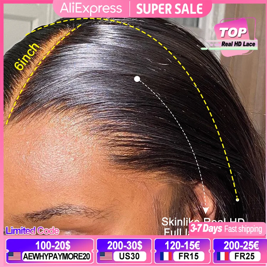 13x6 HD Full Lace Frontal Wigs 250% Invisible HD Lace Front Human Hair Wigs Melt Skins Pre Plucked Brazilian Hair Wigs Glueless