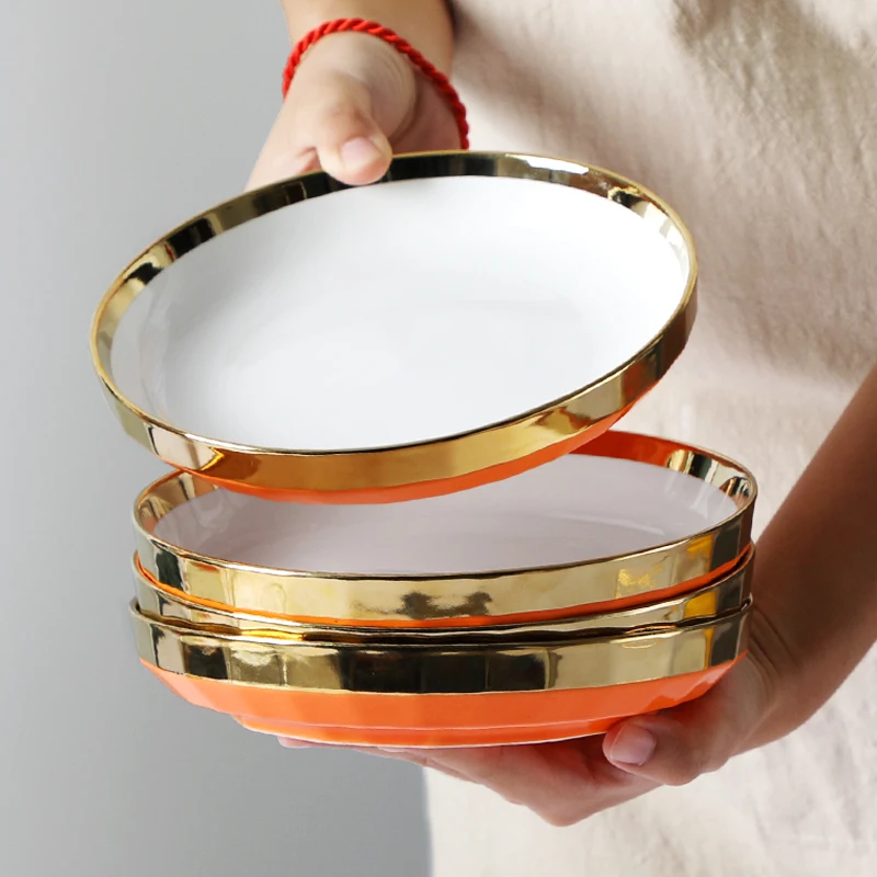

Luxury Gold Plate Set Birthday Party Wedding Nordic Ceramic Sushi Dessert Pasta Serving Tray Pratos De Jantar Dinnerware YQ50PZ