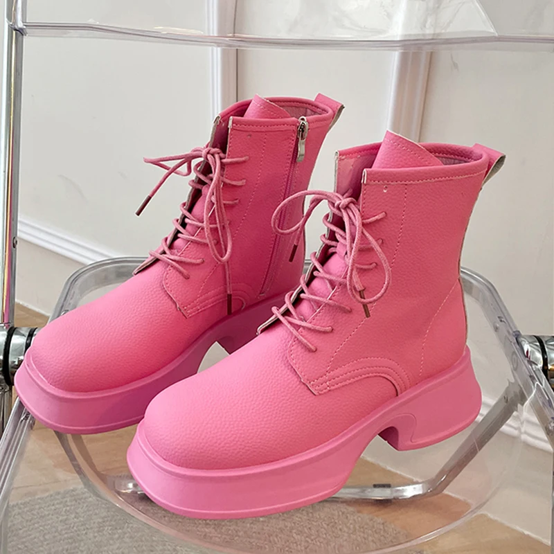 

2022 Autumn Winter New Women Chelsea Ankle Boots Flats Platform Motocycle Boots Fashion Chunky Casual Shoes Lace Up Snow Botas