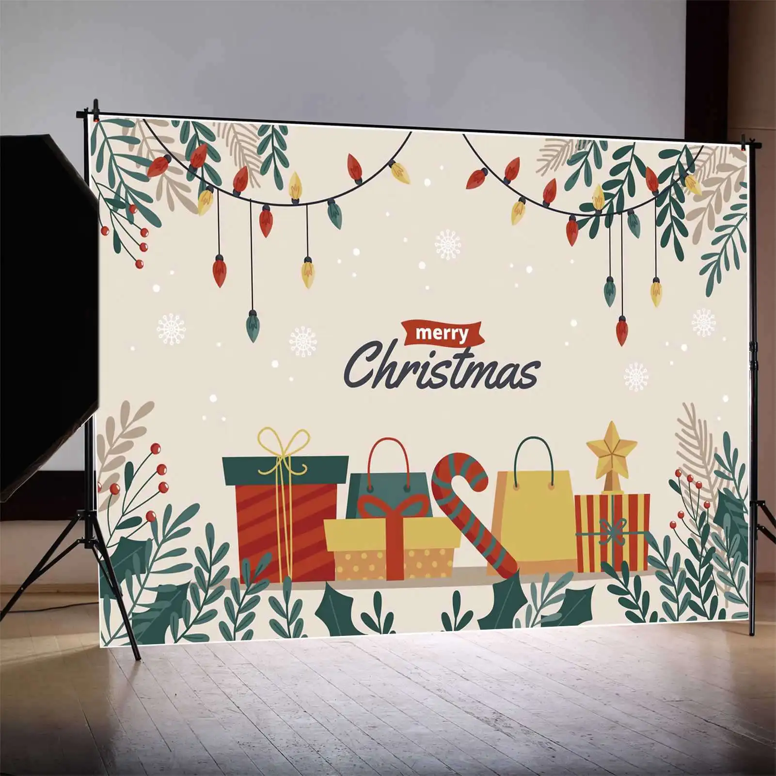 

MOON.QG Backdrop Merry Christmas Banner Poster Background Bulbs Light Snowflake Green Leaves Bean Gift Decoration Photo Booth