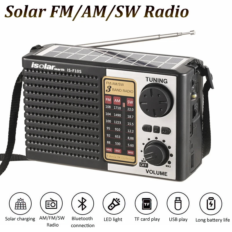 Rádio de emergência de carregamento solar multi banda alta sensibilidade rádio sem fio bluetooth alto-falante suporta fm/am/sw rádio
