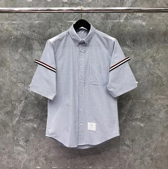

2022 Fashion New Shirts Men Slim Blue Striped Short Sleeve Casual Shirt Summer Oxford Men's Clothing